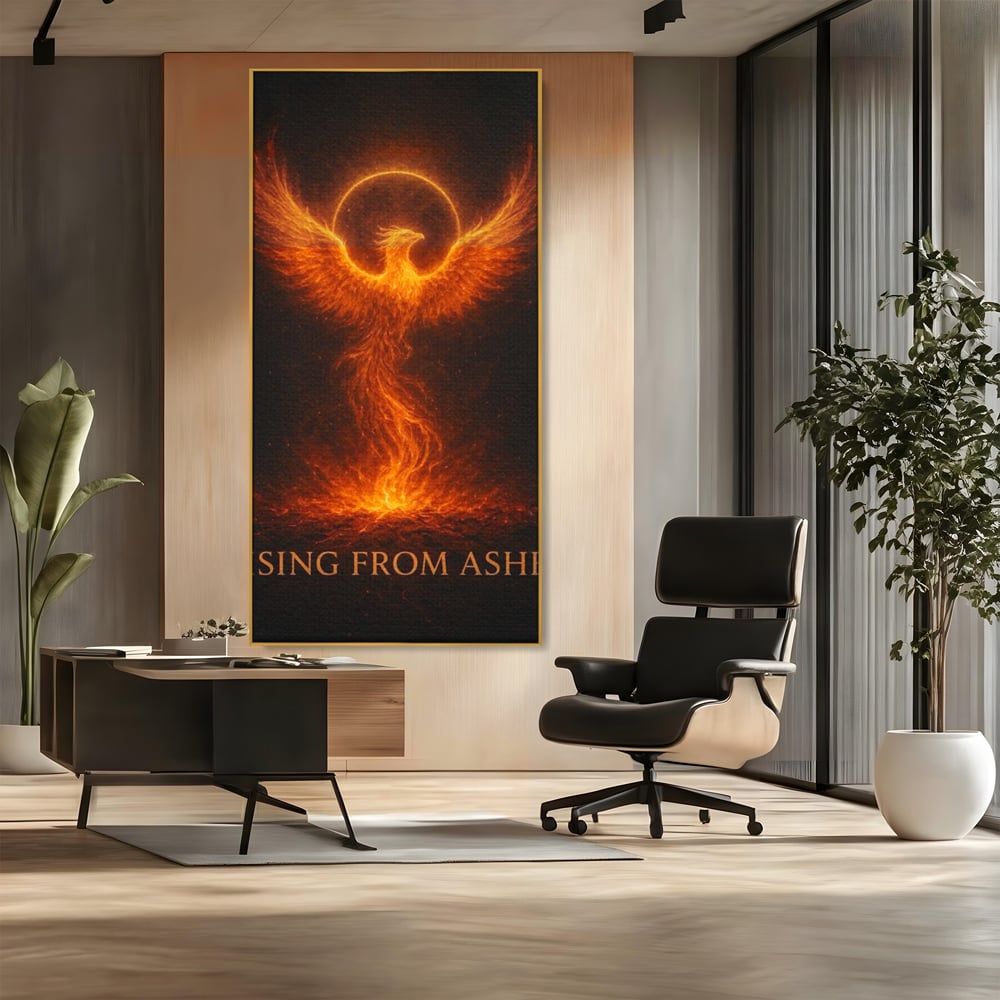 Tablou canvas cu ilustratie digitala cu pasarea phoenix din flacari, in rama de aluminiu auriu, pe perete intr-un birou